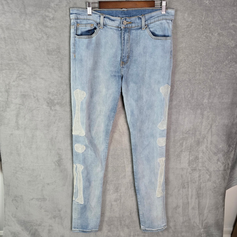 MNML Skeleton Bone Applique Skinny Jeans Light Wash Blue Denim Mens 34 x 33.5